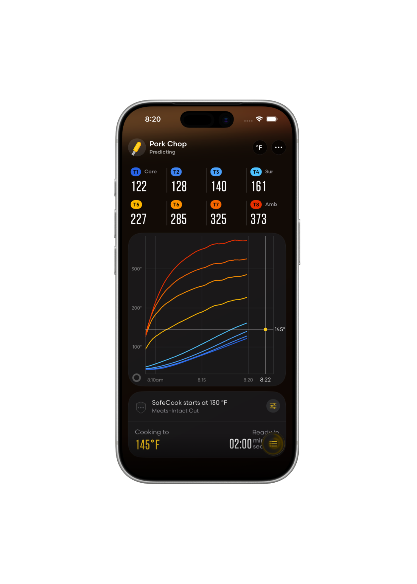 Smartphone displaying Combustion cooking app with 8-sensor advanced temperature monitoring