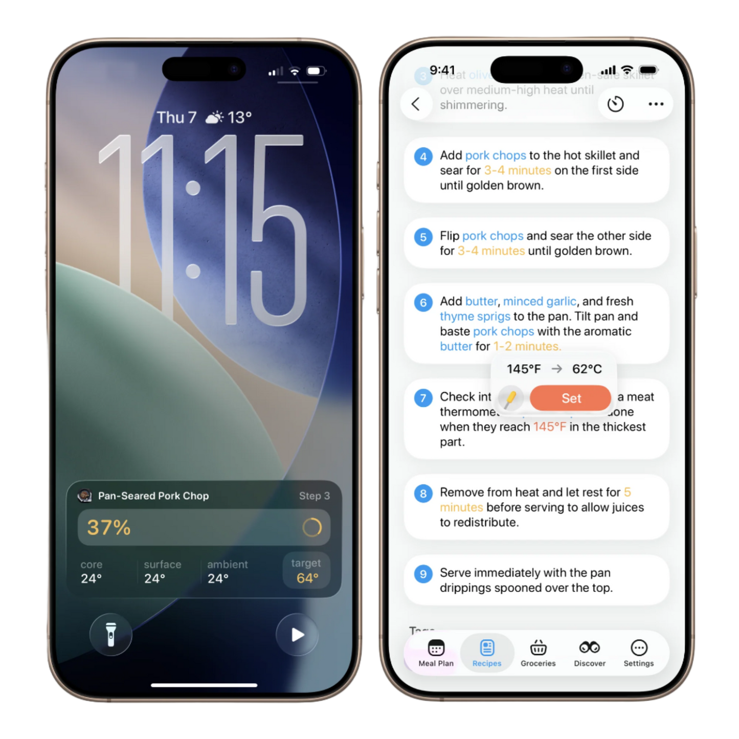 two iphones showing crouton app screens - lock screen widget and recipe steps