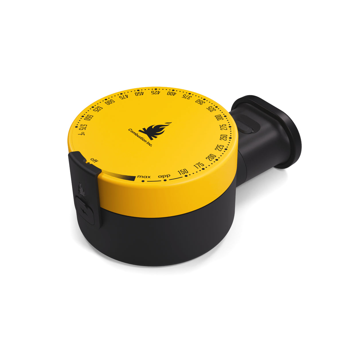 A circular dial tool with a bright yellow top face, black base, and black side handle, photographed on a clean white background. The top shows printed measurement markings and a black logo.