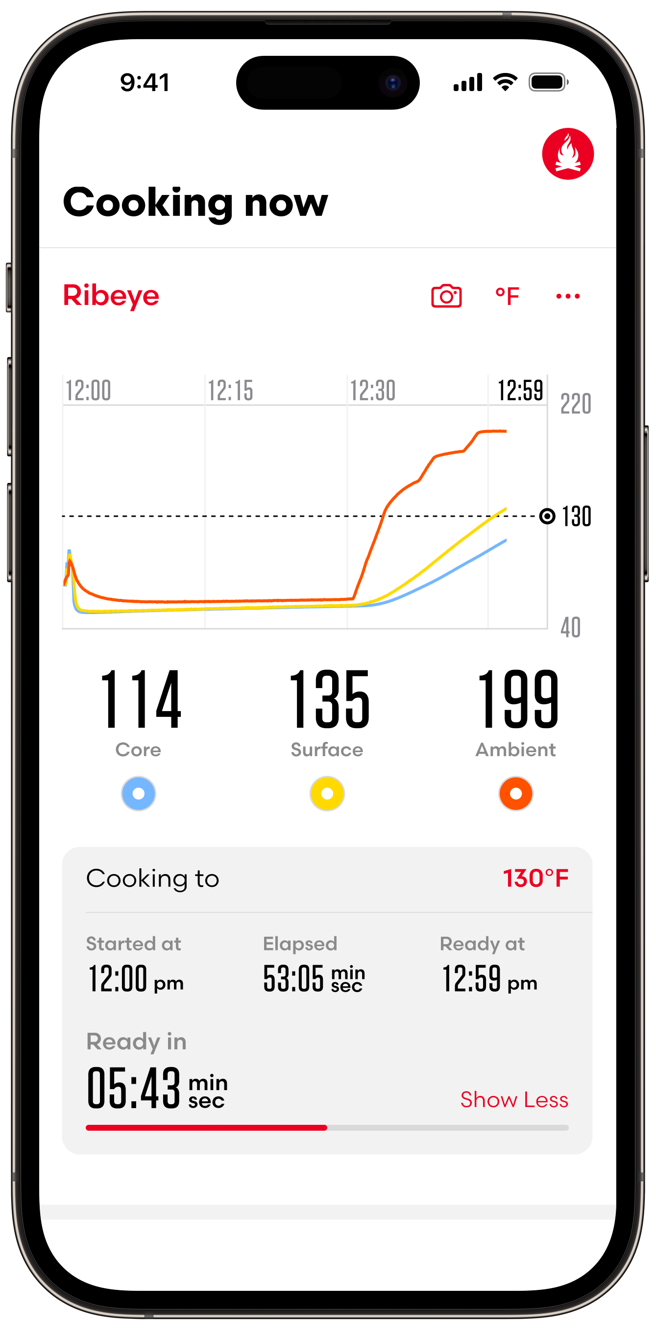 The Combustion App, shown on a phone. You can see the core, surface, and ambient temps as well as time elapsed, time remaining, and a graph of these temps over time.